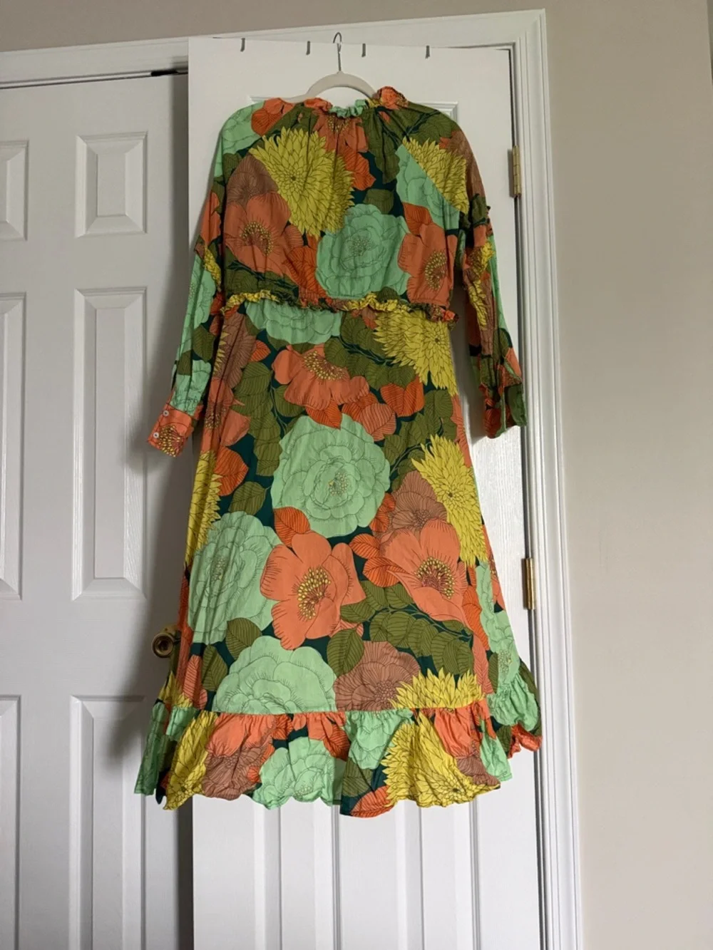 Vibrant Floral Ruffled V-Neck Maxi Dress - Green, Orange, Yellow Anthropologie - Picture 2 of 3